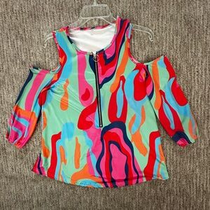Colorful Abstract Cold Shoulder Zipper Blouse ChicMe Size Large